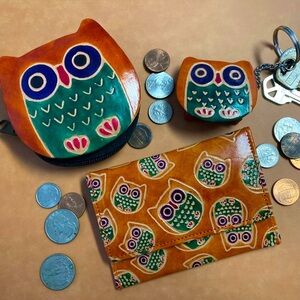 3Pc Set OWLS Wallet Keychain Coin Purse Owl Set Gifts Gift Set Woodland